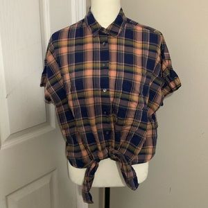 Madewell Button Tie Waist Front Short Sleeve Shirt in Juniper Plaid Size S